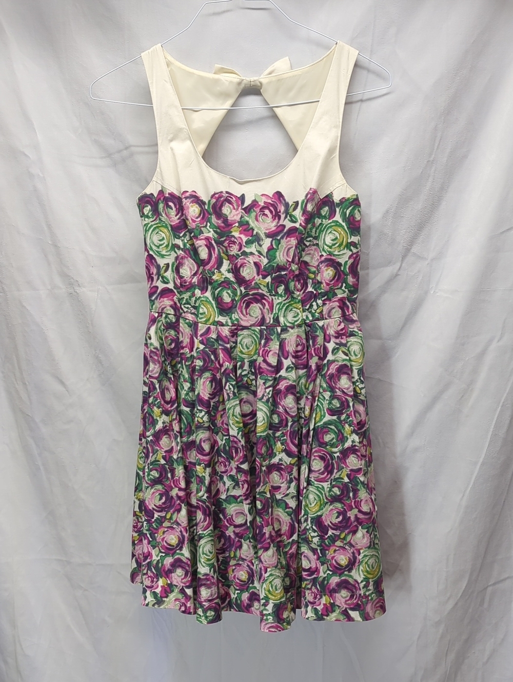 Floral Fit-and-Flare Dress in Cream with Pink & Green Rose Print